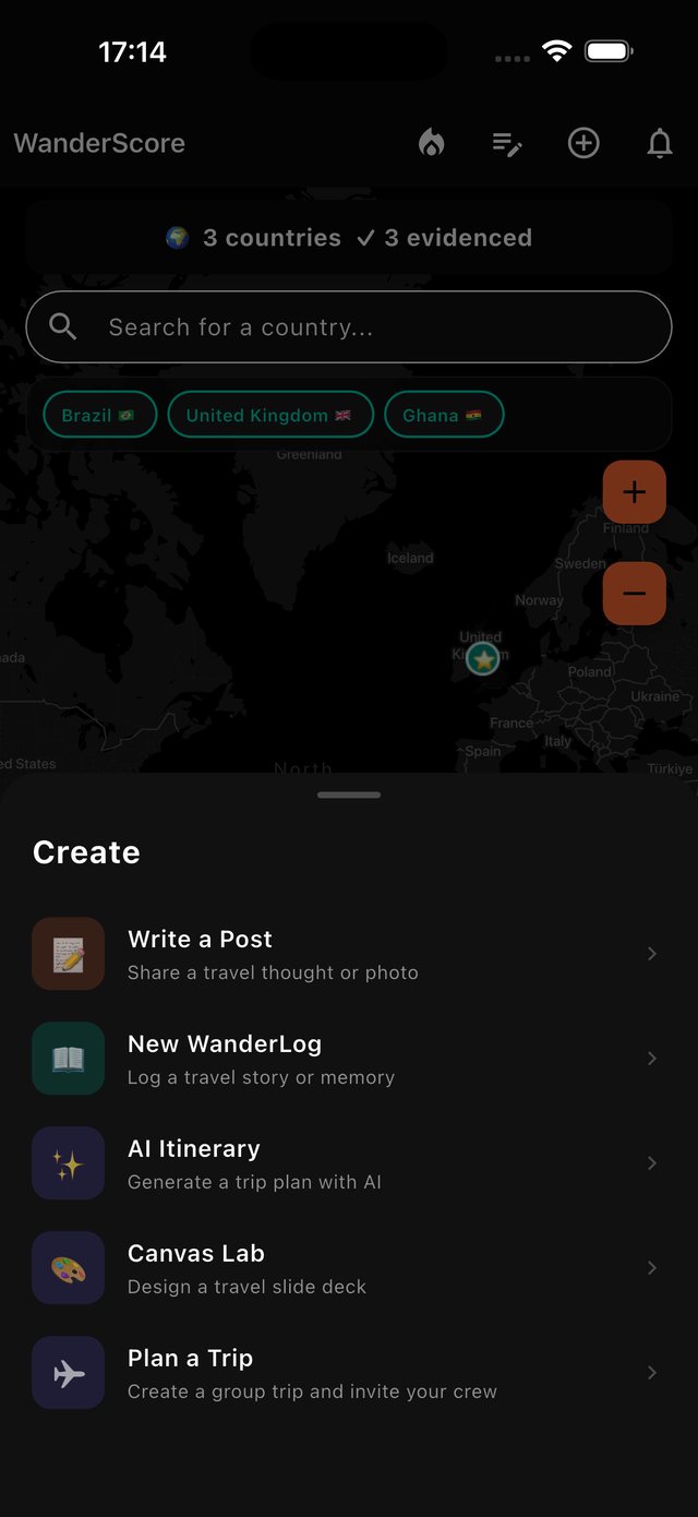 WanderScore Create menu