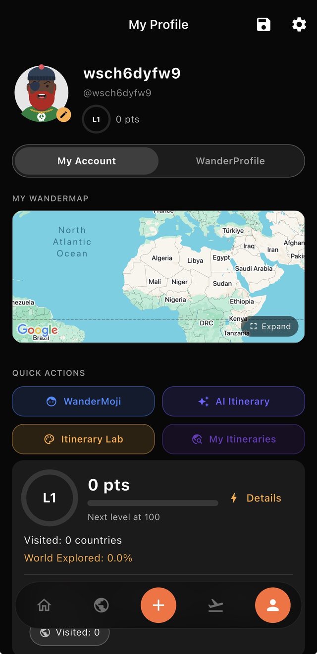 WanderScore profile and map screen