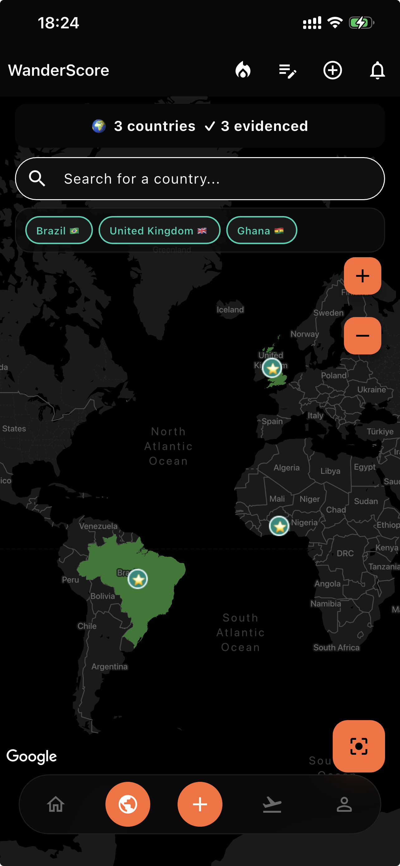 WanderScore world map with claimed countries