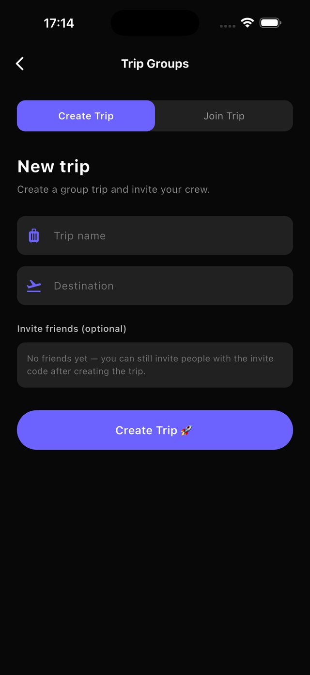 WanderScore Create Trip Group screen with invite friends