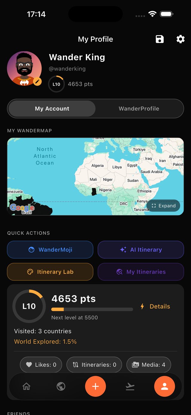 WanderScore profile screen with stats and friends
